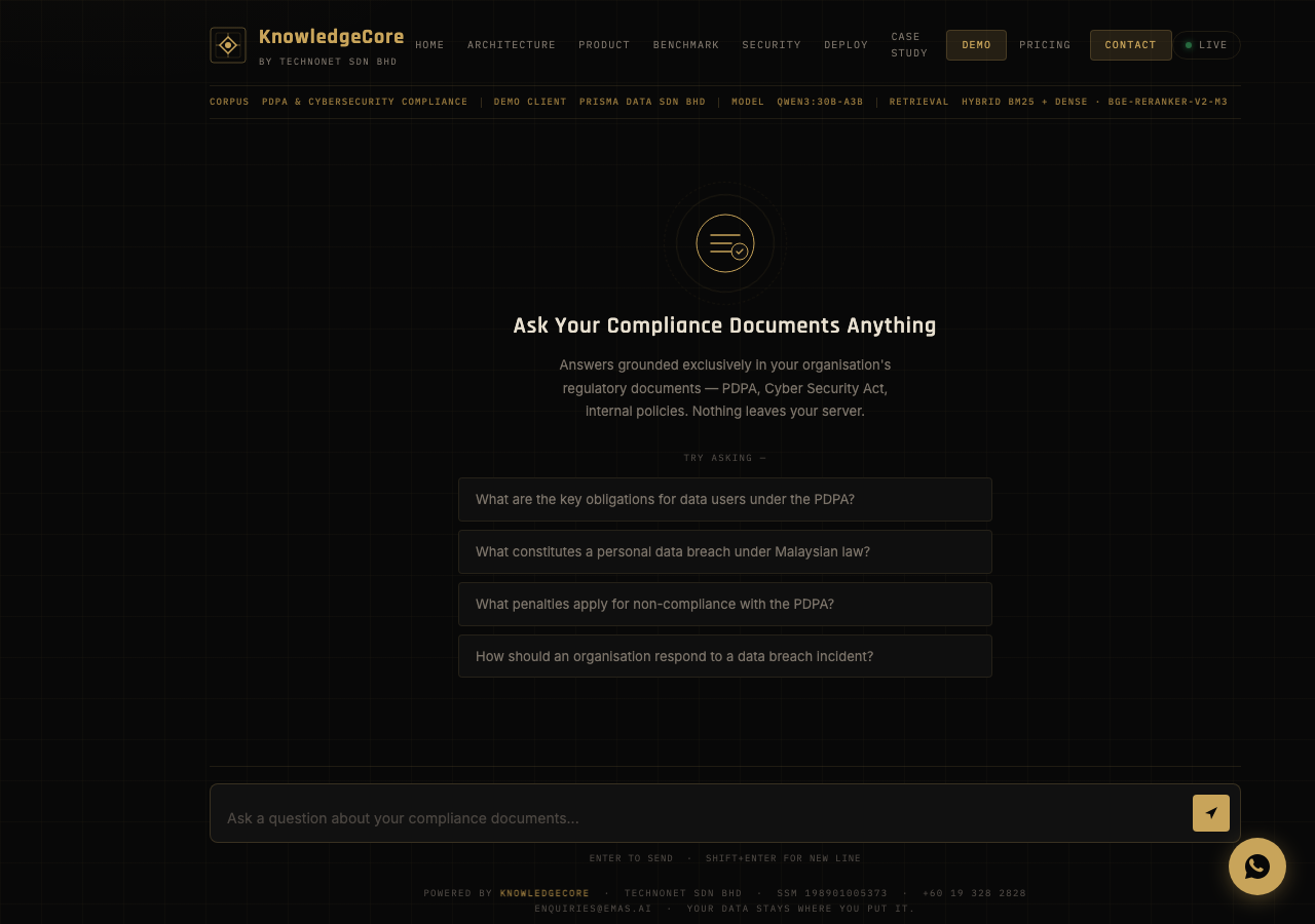 KnowledgeCore chat interface empty state showing suggested questions and input field