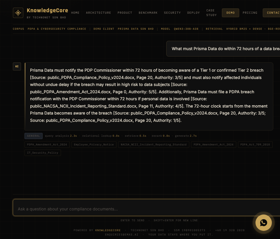 KnowledgeCore streaming answer with inline citations and source document chips
